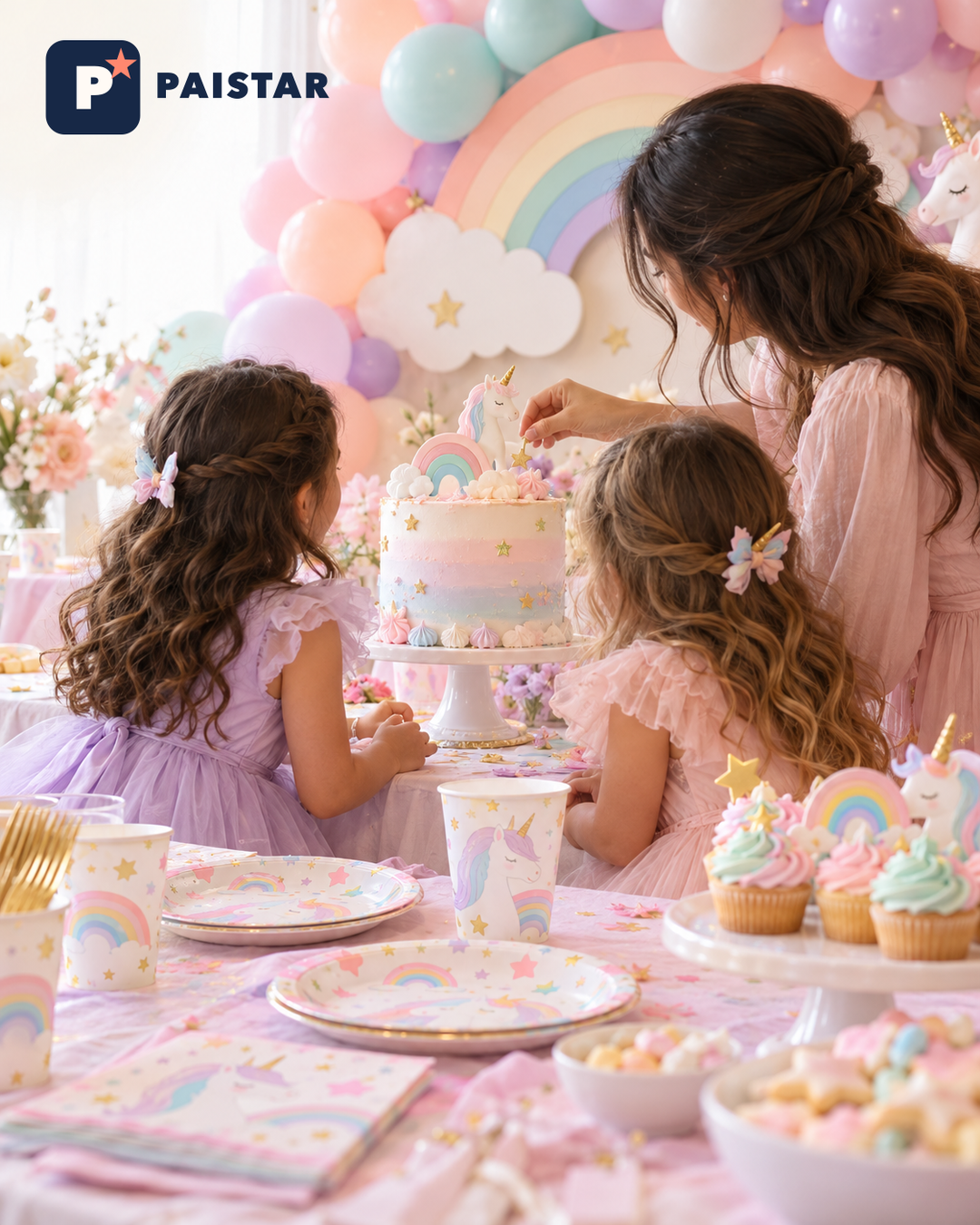 AI-generated PAISTAR unicorn-themed party illustration with fictional people; not actual product photography or a confirmed set.