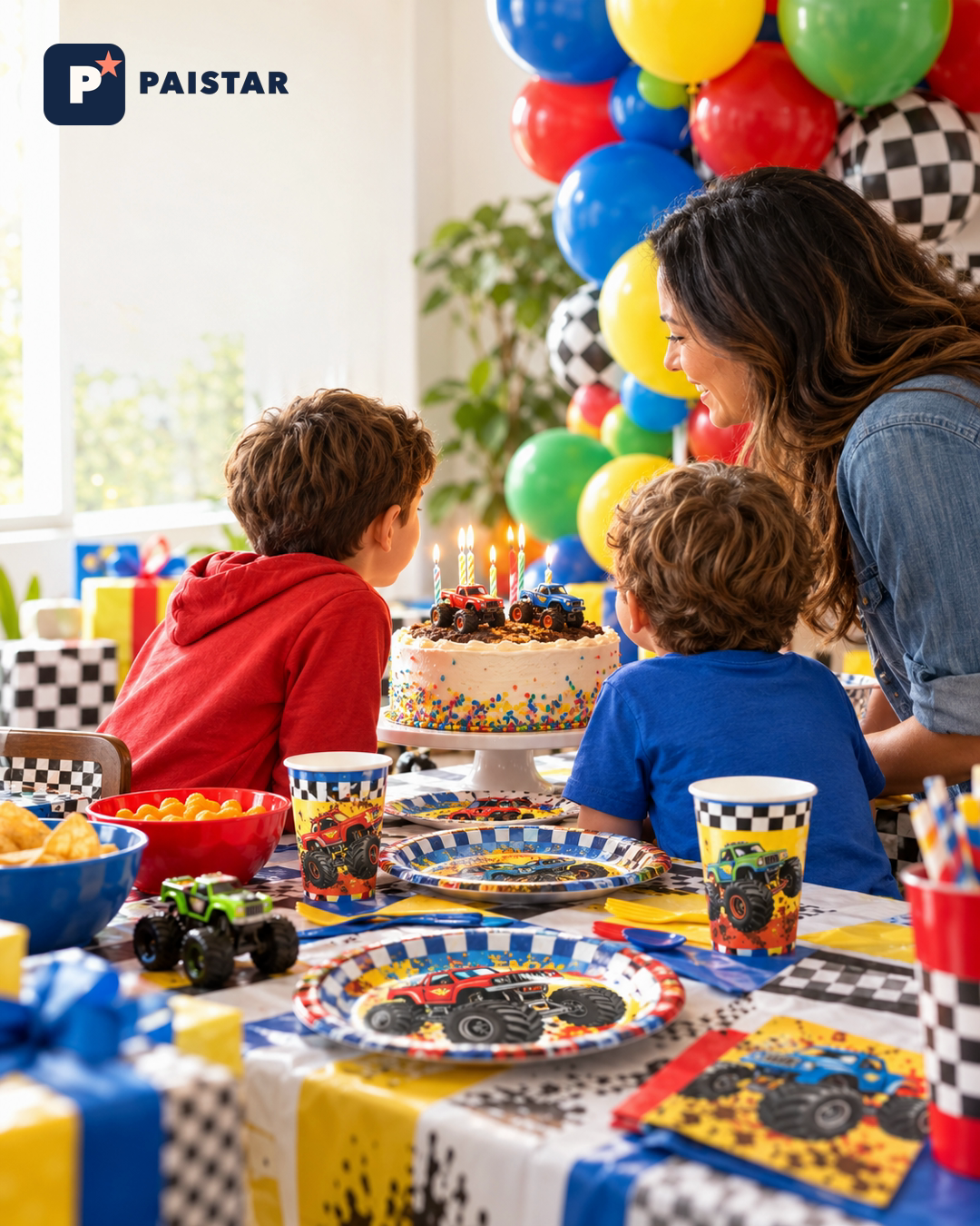 Illustrative AI-generated monster truck birthday table scene with a fictional caregiver and two fictional children, plus a PAISTAR corner logo. It is not a product photograph, standard set, stock offer or customer case.