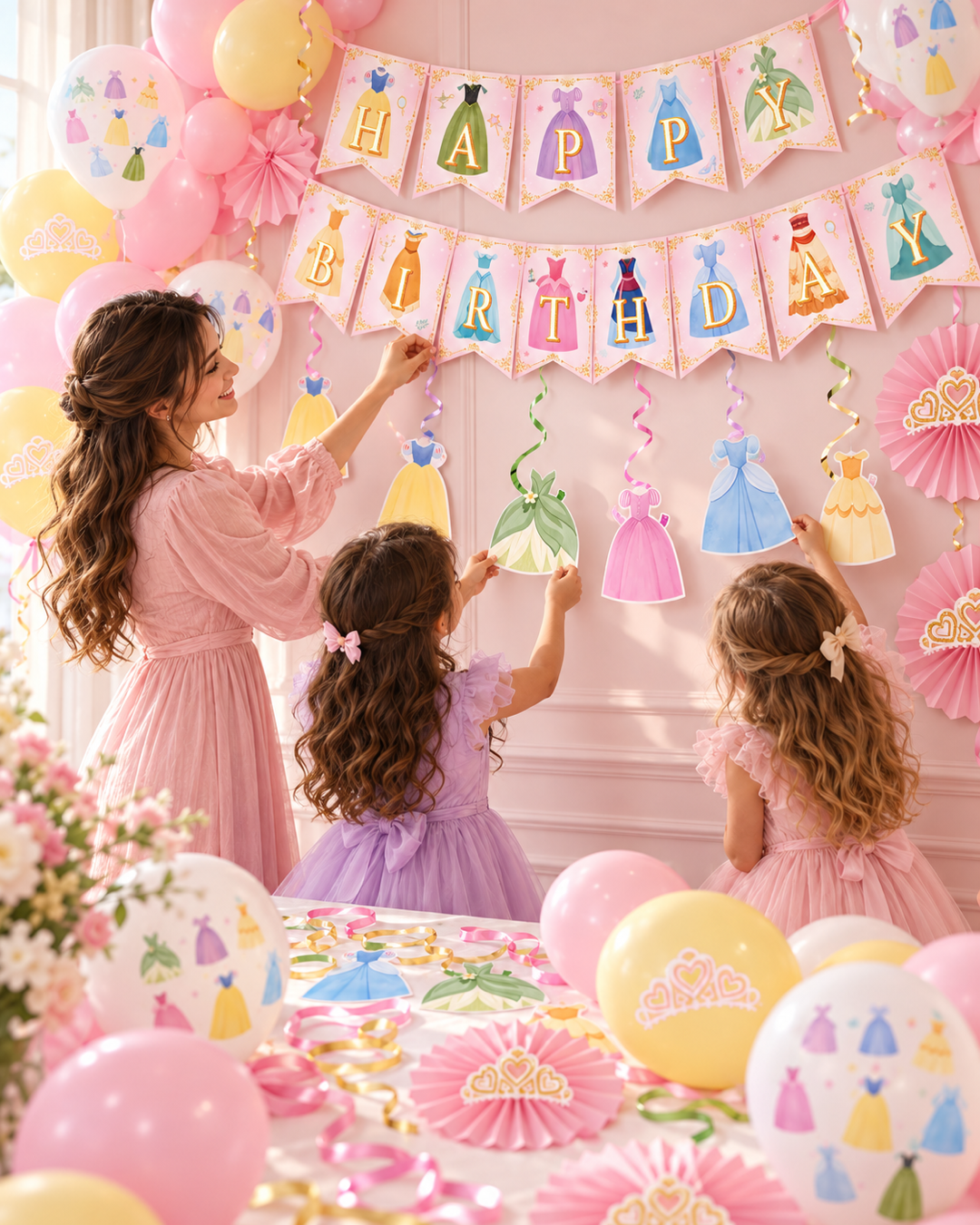 AI-generated illustrative scene of fictional people hanging pastel dress-themed birthday decorations; not a customer event, exact product photograph, or confirmed supply list.