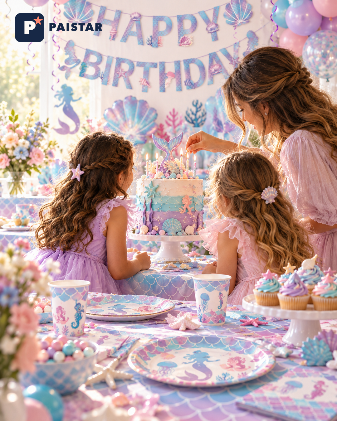 AI-generated illustrative mermaid birthday scene with fictional people; not a PAISTAR product photo, customer event, fixed set or confirmed supply list.