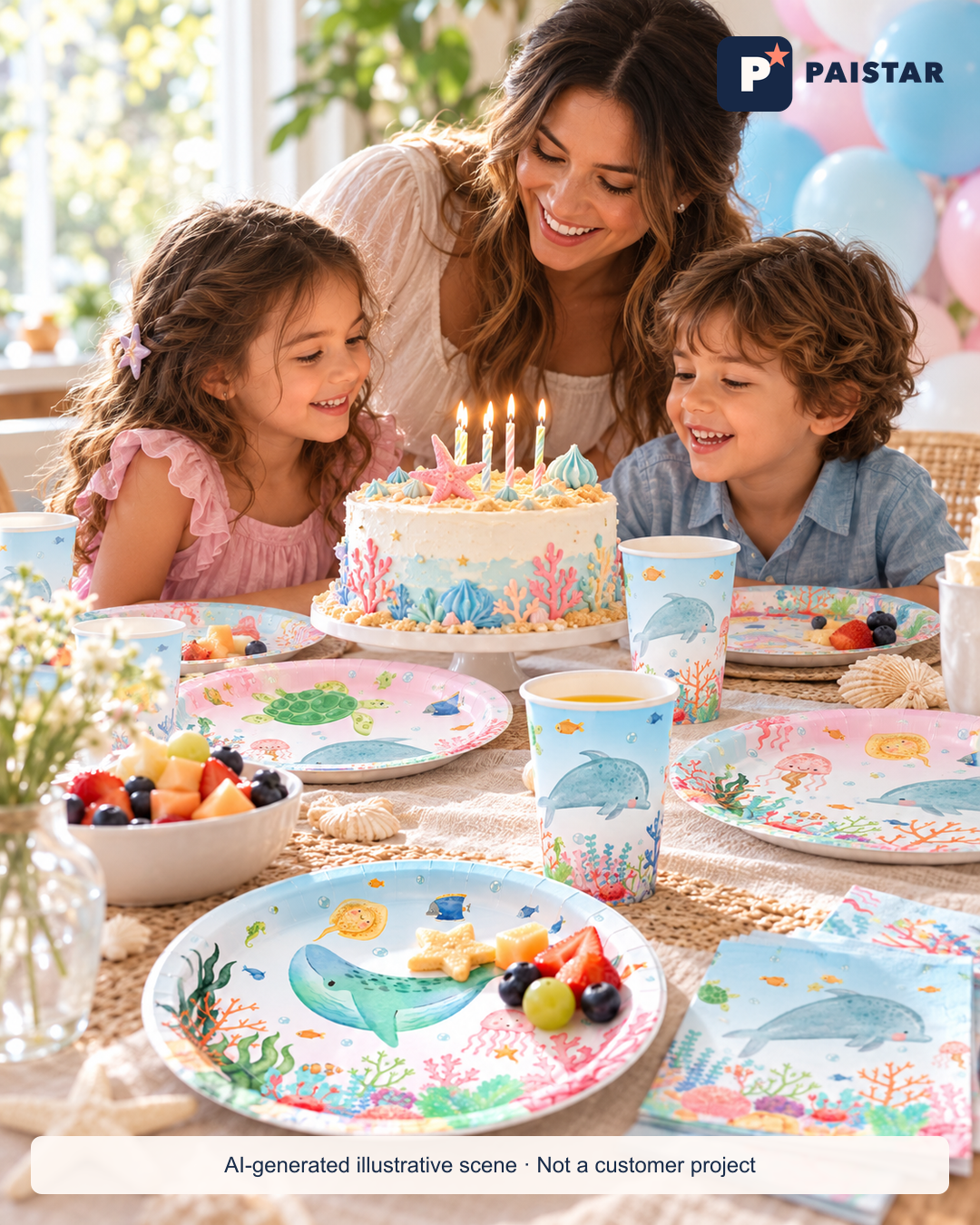 AI-generated illustrative ocean-themed party scene with fictional people; redrawn decorations are not exact product photographs or a customer event.