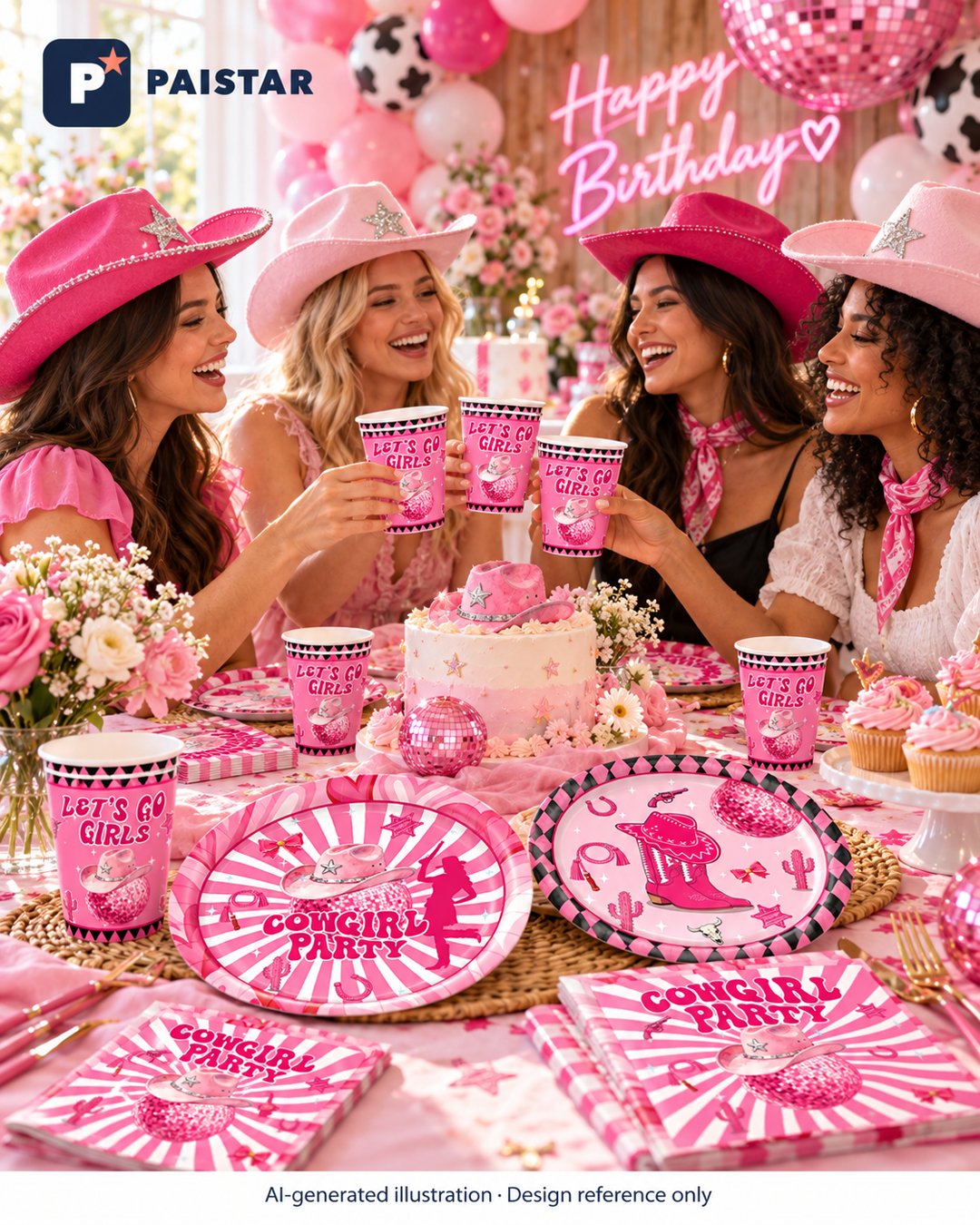 AI-generated pink cowgirl birthday illustration with four fictional adults, themed plates, cups and napkins. Not a real customer event or exact product photograph; scene props are illustrative.