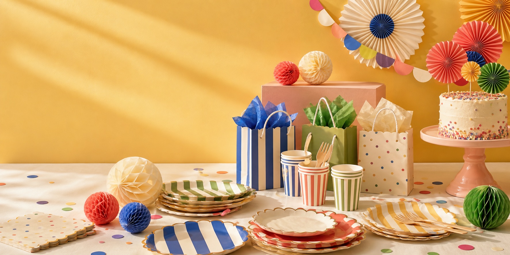 Colourful paper party tableware and packaging collection