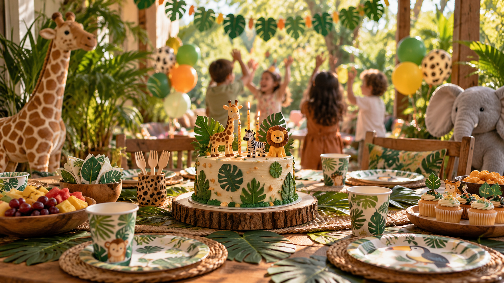 AI-styled inspiration: a bright jungle birthday atmosphere with generic decorations.